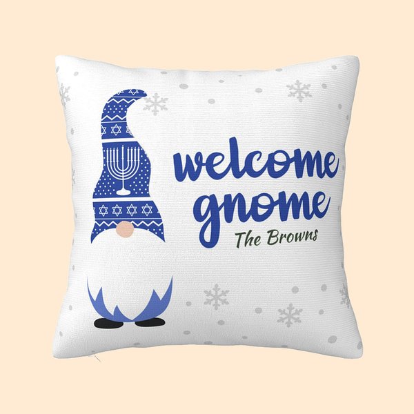 Taie d'Oreiller Personnalisée Gnome Bleu avec Nom Décoration d'Intérieur Cadeau Hanoukka pour Famille Juive