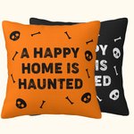 Personalized A Happy Home Is Haunted Skull Bone Theme Throw Pillow Cover with Text Home Decor Halloween Gift for Family