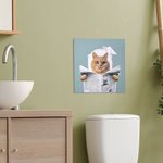 Peinture murale personnalisée chien chat lisant le journal sur les toilettes Portrait d'animal de compagnie Décoration de salle de bain Cadeau de pendaison de crémaillère pour les propriétaires d'anim