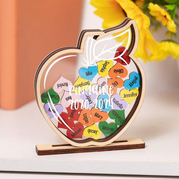 Personalised Handmade Wooden Apple Shaped Desk Ornament with 1-24 Hearts and Text Office Decor Birthday Appreciation Gift for Teacher