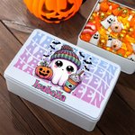 Personlig söt spökpumpa livsmedelsgodkänd metall godis chokladburk med namn Halloween present till barn