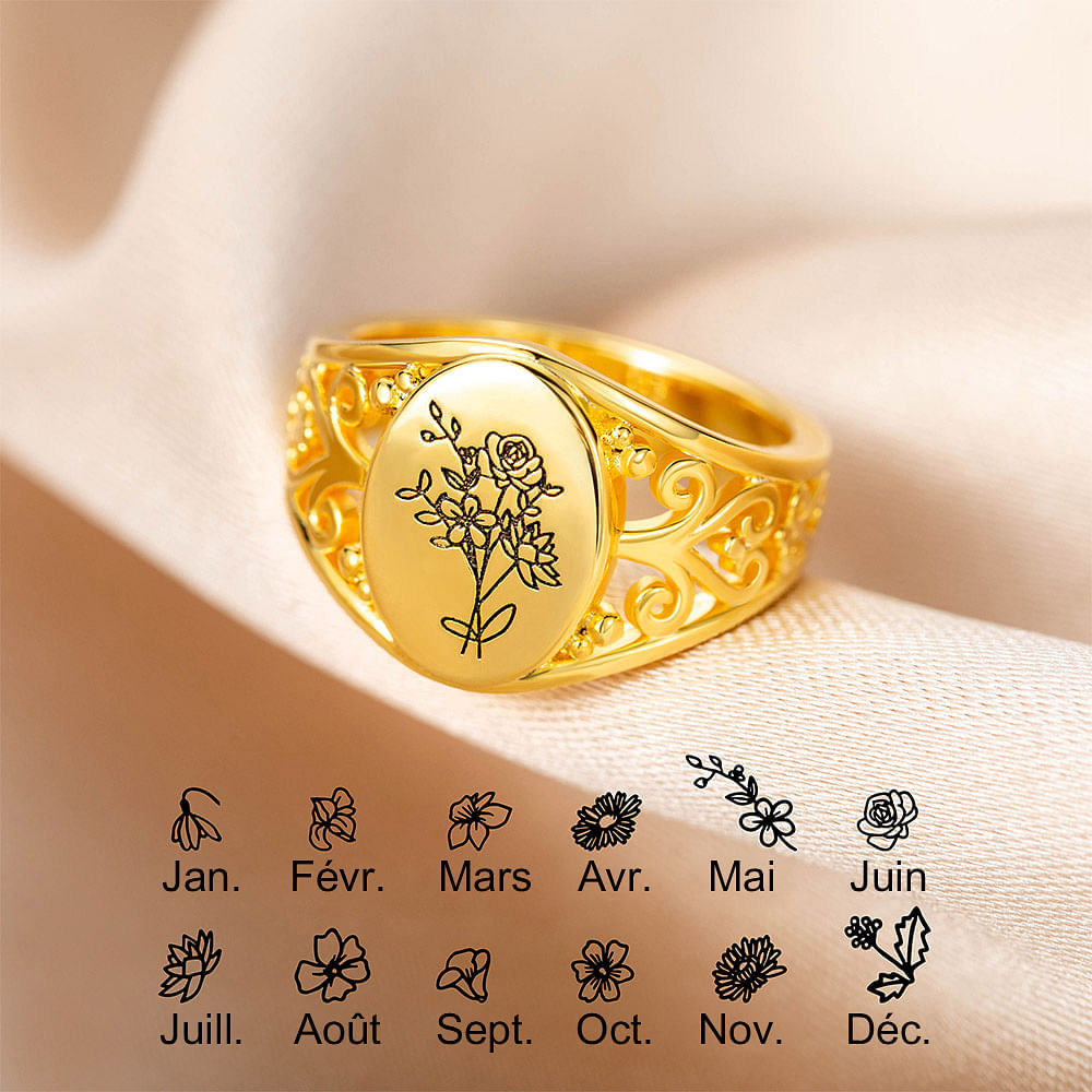 Bague en Argent Sterling Personnalisée avec Gravure Bouquet de Fleurs de Naissance Anneau Rétro Cadeau Fête des Mères pour Femme