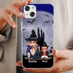 Funda personalizada de bruja, vampiro, murciélago y calabaza para iPhone con 1-6 nombres de niño, regalo de cumpleaños y Halloween para la familia