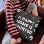 Personalized A Happy Home Is Haunted Skull Bone Theme Throw Pillow Cover with Text Home Decor Halloween Gift for Family