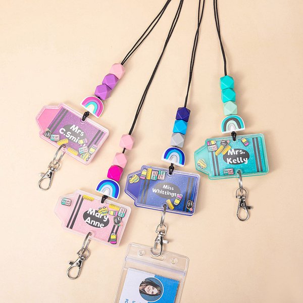 Personalised Glitter Rainbow Crayon Beads Shaker Lanyard with Name Appreciation Back to School Gift for Teacher