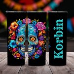 Personalisierte Floral Mexican Sugar Skull 20oz Skinny Becher mit Deckel und Stroh Tag der Toten Halloween Geschenk für Familie Schädel Liebhaber