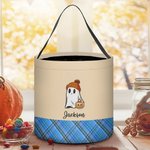 Personalized Cute Raccoon Ghost Peter Rabbit Plaid Trick or Treat Bag Candy Bucket with Name Halloween Party Favors for Boys Girls