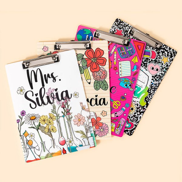 Personalised Floral Lab Notebook Pencil Teaching Theme Hanging Name Clipboard with Low Profile Clip Back to School Appreciation Gift for Teacher