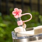 Personalised Plumeria Flower Reusable Set of 2 Straw Toppers with Initial Charms Accessory for Stanley Tumbler Birthday Gift for Her