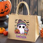 Gepersonaliseerde Halloween Thema Schattige Pompoen Drinkende Spook Trick or Treat Jute Draagtas met Naam Halloween Feestcadeau voor Jongens Meisjes