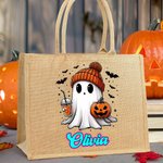 Gepersonaliseerde Halloween Thema Schattige Pompoen Drinkende Spook Trick or Treat Jute Draagtas met Naam Halloween Feestcadeau voor Jongens Meisjes