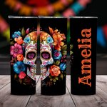 Personalisierte Floral Mexican Sugar Skull 20oz Skinny Becher mit Deckel und Stroh Tag der Toten Halloween Geschenk für Familie Schädel Liebhaber