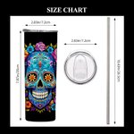 Personalisierte Floral Mexican Sugar Skull 20oz Skinny Becher mit Deckel und Stroh Tag der Toten Halloween Geschenk für Familie Schädel Liebhaber