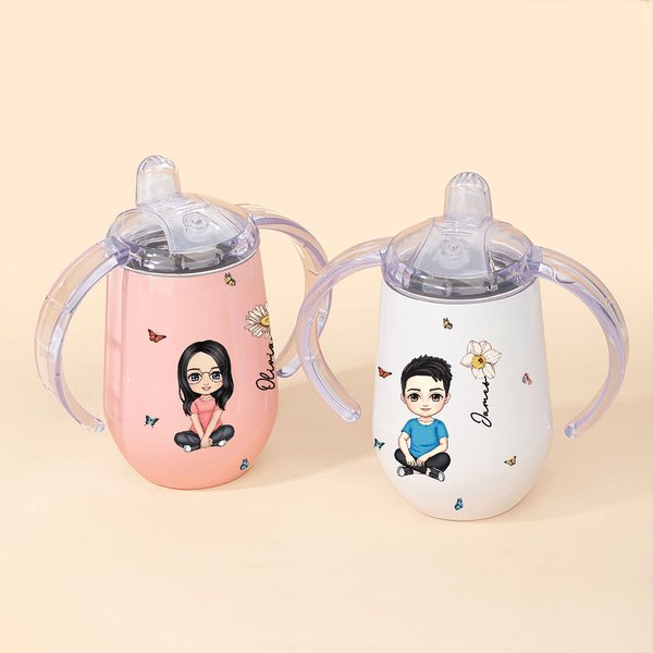 Personalized Cute Cartoon Character Birth Flower 10oz Insulated Sippy Cup with Name and Handle Baby Shower Birthday Gift for Kids