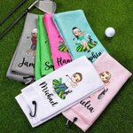 Gepersonaliseerde kleurrijke mannelijke vrouwelijke cartoonfiguren sneldrogende wafelhanddoek met naam golfbaan sportaccessoires cadeau voor golfliefhebbers