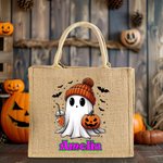 Gepersonaliseerde Halloween Thema Schattige Pompoen Drinkende Spook Trick or Treat Jute Draagtas met Naam Halloween Feestcadeau voor Jongens Meisjes
