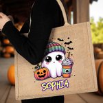 Gepersonaliseerde Halloween Thema Schattige Pompoen Drinkende Spook Trick or Treat Jute Draagtas met Naam Halloween Feestcadeau voor Jongens Meisjes