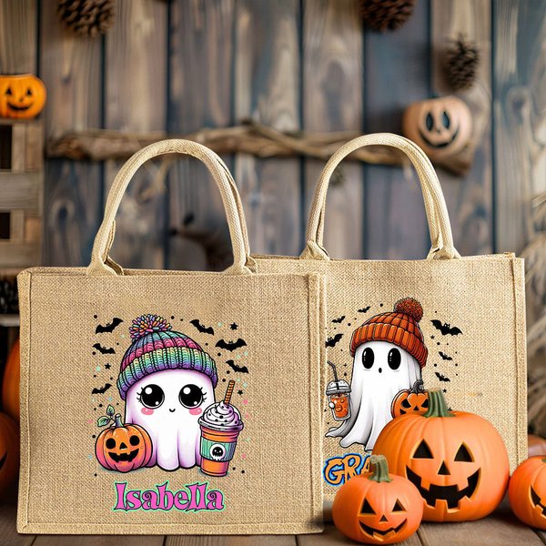 Personalized Halloween Theme Cute Pumpkin Drinking Ghost Trick or Treat Jute Tote Bag with Name Halloween Festival Gift for Boys Girls