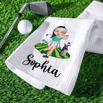 Gepersonaliseerde kleurrijke mannelijke vrouwelijke cartoonfiguren sneldrogende wafelhanddoek met naam golfbaan sportaccessoires cadeau voor golfliefhebbers