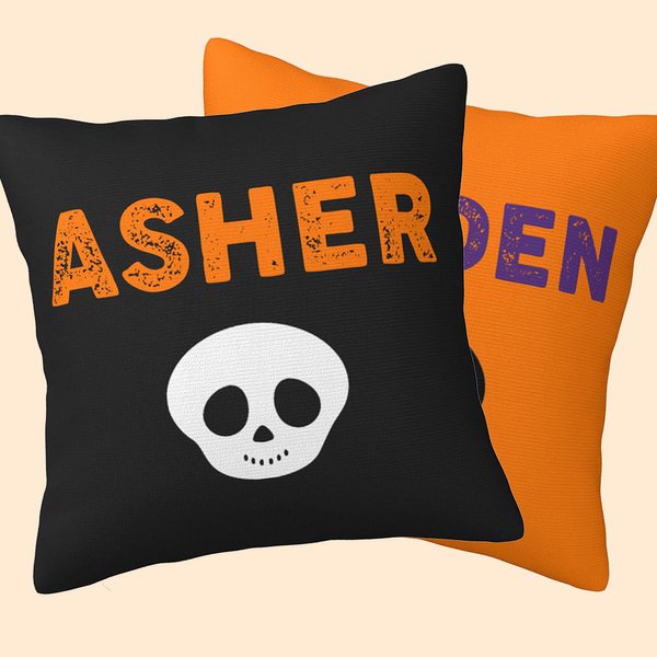 Taie d'Oreiller Personnalisée avec Nom à Motif de Crâne Décoration d'Intérieur Cadeau Halloween Emménagement pour Famille