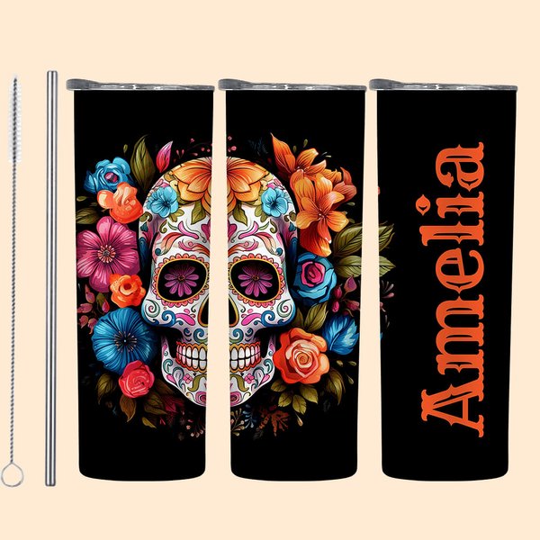 Personalisierte Floral Mexican Sugar Skull 20oz Skinny Becher mit Deckel und Stroh Tag der Toten Halloween Geschenk für Familie Schädel Liebhaber