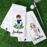 Gepersonaliseerde kleurrijke mannelijke vrouwelijke cartoonfiguren sneldrogende wafelhanddoek met naam golfbaan sportaccessoires cadeau voor golfliefhebbers