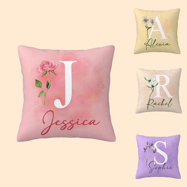 Personlig Födelseblomma Initial Kuddfodral med namn Heminredning Bachelorette Party Present till henne