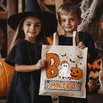 Sac en Toile Personnalisé avec Nom Style Citrouille Fantôme Chasse aux Bonbons Cadeau Halloween pour Enfant