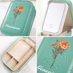Personalized Birth Flower Portable Leather Travel Jewelry Box with Name and LED Three-color Adjustable Makeup Mirror Birthday Gift for Women