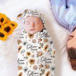 Personalized Sunflower Baby Girl Boy Soft Swaddle Blanket Knot Hat Set with Name Coming Home Outfit Birthday Baby Shower Gift for Newborns