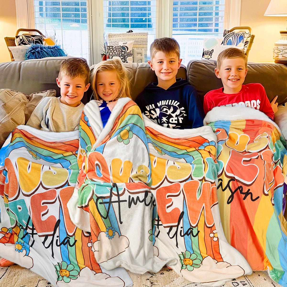 Couverture Personnalisée avec Nom Design Fleurs et Arc-en-ciel pour Bande des Cousins Cadeau Famille Anniversaire Noël pour Garçons Filles