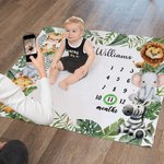 Personalised Tropical Rainforest Lion Zebra Milestone Blanket with Name Baby Shower New Mom Gift for Newborn