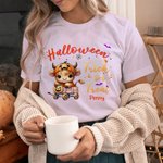 Personalized Cute Highland Cow Design Kids Adult T-Shirt with Name Halloween Birthday Gift for Family Friend