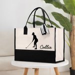 Personalized Golf Girl Large Canvas Tote Bag with Name Daily Travel Work Essentials Mother's Day Birthday Gift for Golf Lovers Women