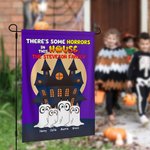 Drapeau de Jardin Personnalisé avec Titre 1-6 Fantômes de Chien et Noms Décoration Mignonne de Jardin Cadeau Fête Halloween pour Famille