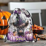 Personalized Cute Highland Cow Witch Pumpkin Design Candy Drawstring Bag with Name Halloween Party Trick or Trick Gift for Kids