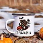 Tasse Émaillée 350ml Personnalisée avec Nom et Initiale Design Citrouille Chauve-souris Toile d'Araignée Cadeau d'Halloween pour les Enfants