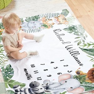 Personalized Tropical Rainforest Lion Zebra Milestone Blanket with Name Baby Shower New Mom Gift for Newborn