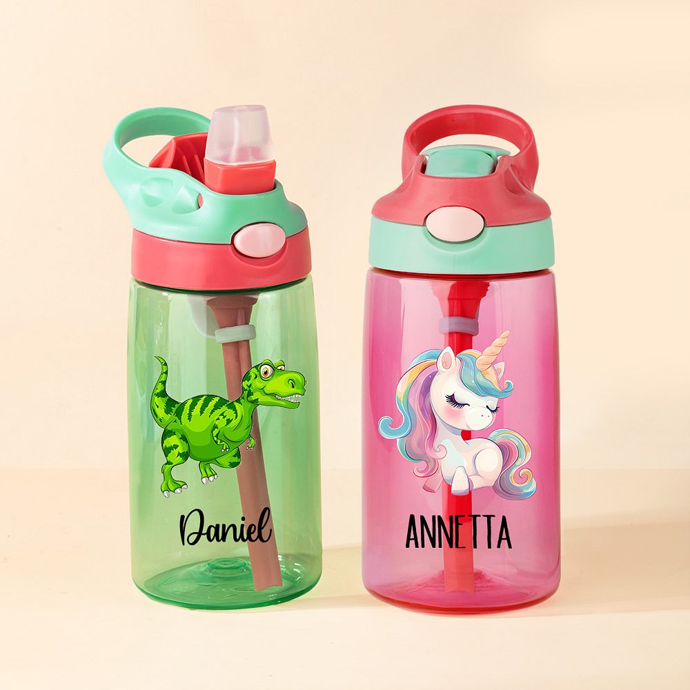 Gourde Personnalisée avec Nom et Motif Bouteille avec Paille en Silicone et Anse Cadeau Anniversaire Rentrée Scolaire pour Enfant