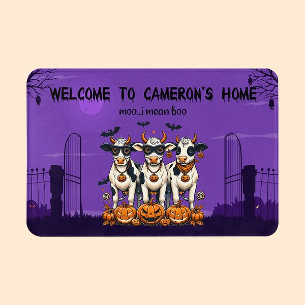 Personalized Moo I Mean Boo Chukle I Mean Trick or Treat Non-Slip Doormat with Text Funny Cow Chicken Home Decor Halloween Gift for Family