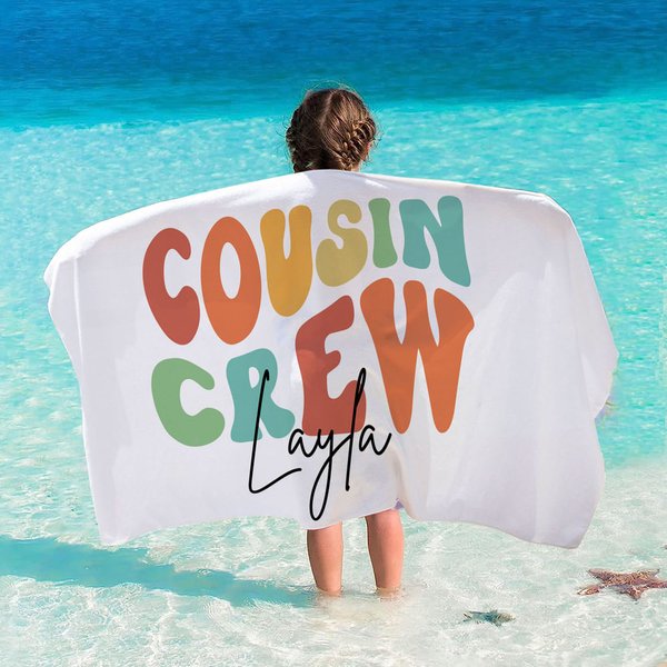 Personalized Colourful Cousin Crew Quick Dry Oversized Beach Towel with Name Summer Travel Essential Gift for Family Kids