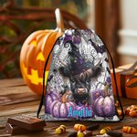 Personalized Cute Highland Cow Witch Pumpkin Design Candy Drawstring Bag with Name Halloween Party Trick or Trick Gift for Kids