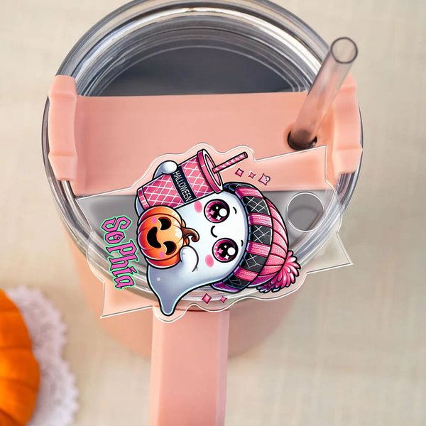 Personalizado lindo fantasma calabaza diseño Tumbler nombre etiqueta placa acrílico tapa Topper accesorio para Stanley fiesta favor Halloween regalo p