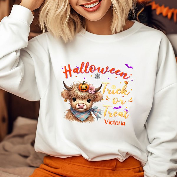 Personalizzato Zucca Highland Mucca Dolcetto o scherzetto Bambino Adulto Felpa con nome abbinato Mamma e me Outfit Regalo di Halloween per la famiglia