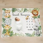 Personalised Tropical Rainforest Lion Zebra Milestone Blanket with Name Baby Shower New Mom Gift for Newborn