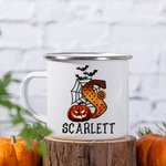 Tasse Émaillée 350ml Personnalisée avec Nom et Initiale Design Citrouille Chauve-souris Toile d'Araignée Cadeau d'Halloween pour les Enfants