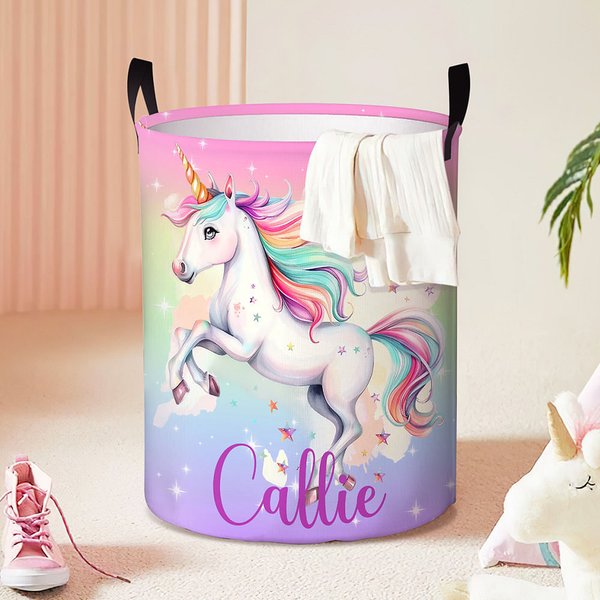 Personalized Fantasy Unicorn Name Large Toy Laundry Basket with Handle Waterproof Nursery Decoration Housewarming Gift for Kids