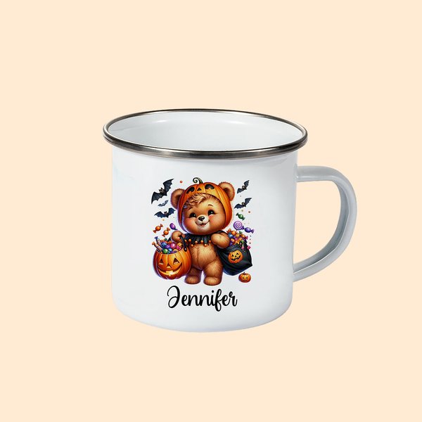 Personalisierte Kürbis Aquarell niedliche Tier 11oz Emaille Becher mit Namen Halloween Geschenk für Jungen Mädchen