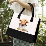 Personalised Floral Highland Cow Canvas Large Tote Bag with Name and Ribbon Birthday Christmas Travel Accessories Gift for Her