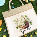 Personalized Birth Flower Name Large Reusable Jute Bag with Front Pocket Festival Birthday Gift for Women